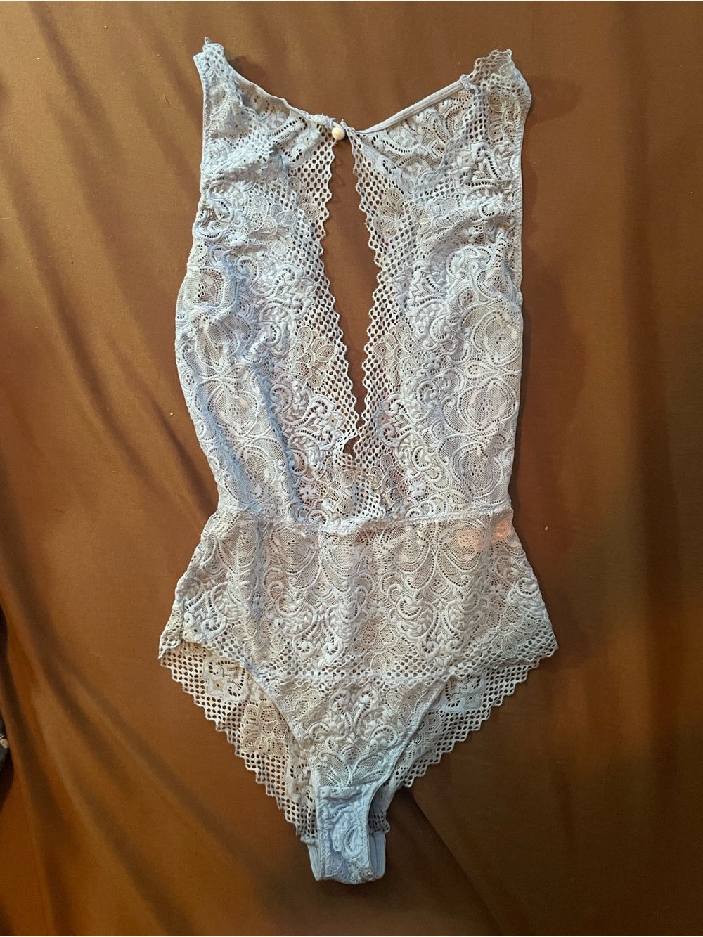 La Vie En Rose Light Blue Lace Plunge Bodysuit